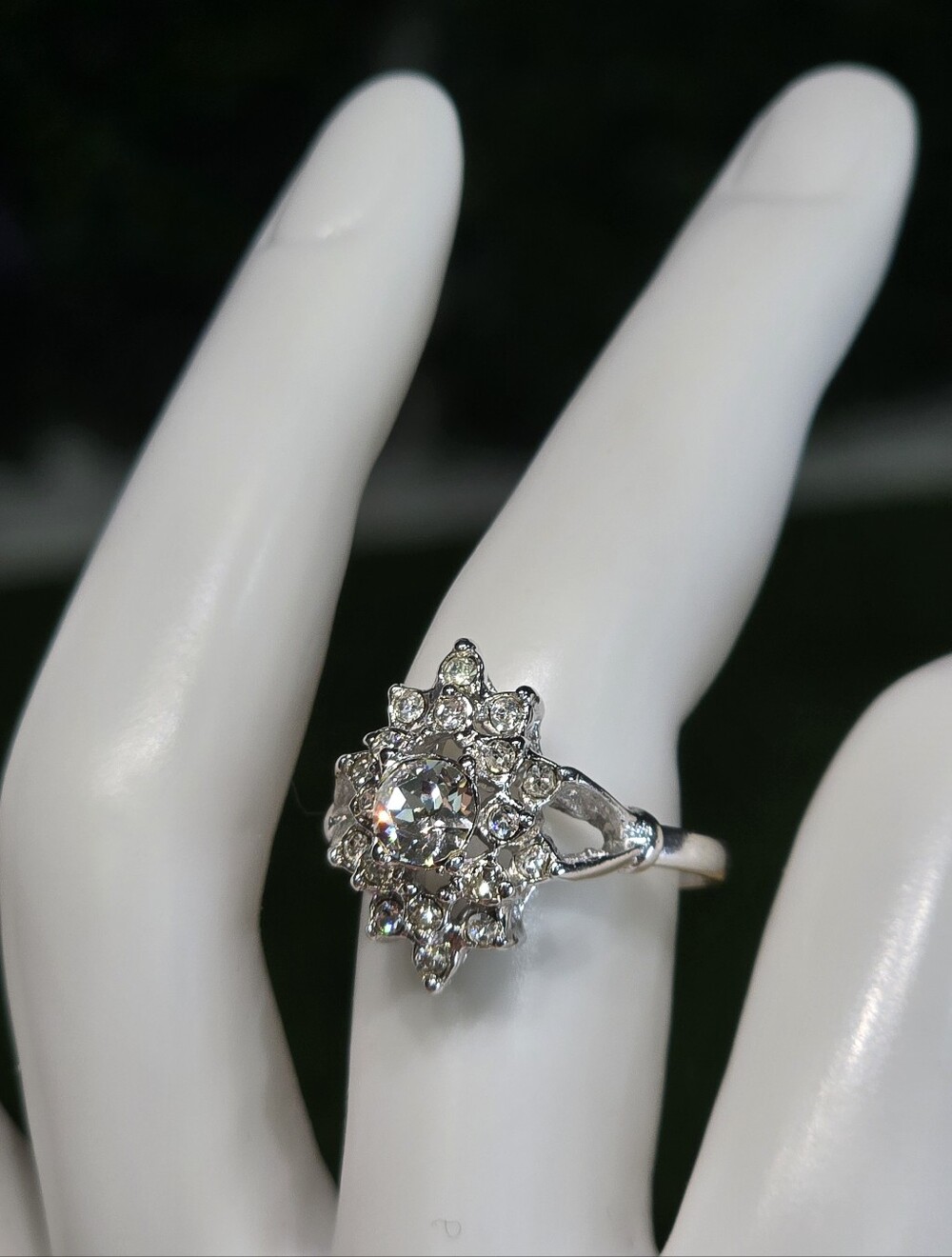 Silver Clear Crystal Floral Halo Ring - White